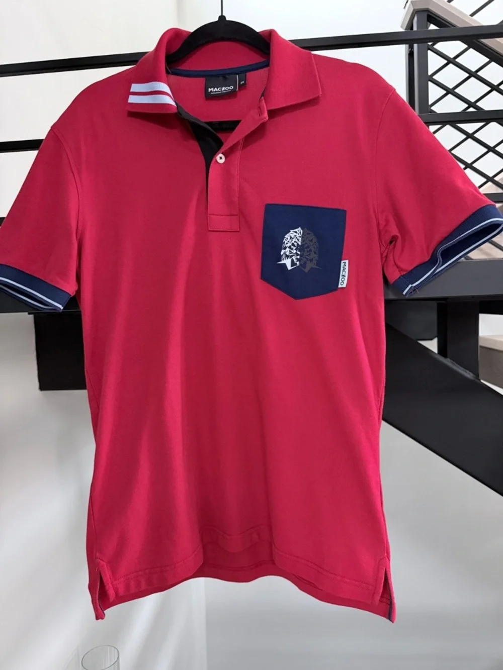 Men's Maceo Red Polo Shirt with Navy Pocket and lion 🦁 size S